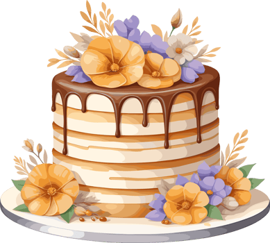 Moise layer chocolate cake decorated by flowers illustration clipart isolated on transparent background, tasty design elements for birthday party, dessert, cafe, food, bakery decoration, luscious png