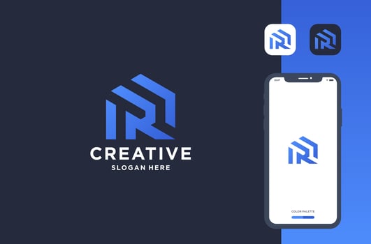 letter r with house shape logo design vector