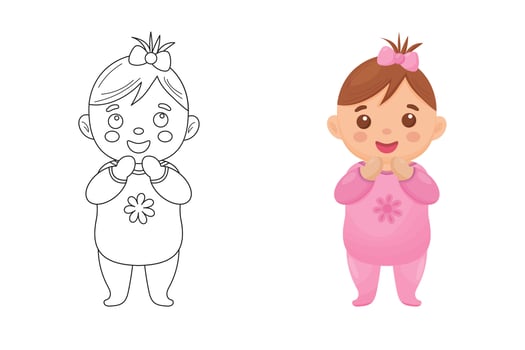 Cute baby girl. Coloring page and colorful clipart character. Cartoon design for t shirt print, icon, logo, label, patch or sticker. illustration. vector