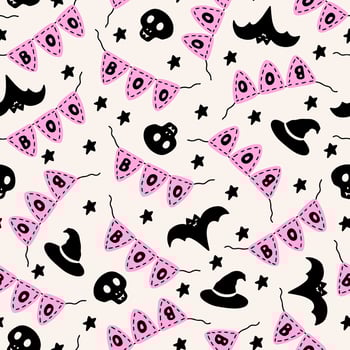 Cute witch hat, boo bunting, skulls, bat and stars Halloween seamless pattern. Spooky background in pink, white and black colors. vector