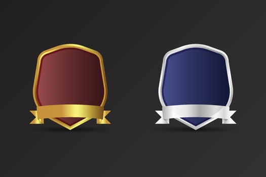 Luxurious sheriff badge with golden and silver color shield shapes and ribbon. Blank badge element with text space on a dark background. Shield shape badge with luxury red and blue colors. vector