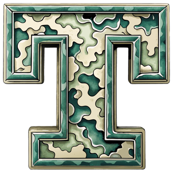 A letter t is prominently displayed with a camouflage pattern, camouflage features shades of green, tan, and brown, creating a military-inspired look. png