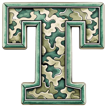 A letter t is prominently displayed with a camouflage pattern, camouflage features shades of green, tan, and brown, creating a military-inspired look. png