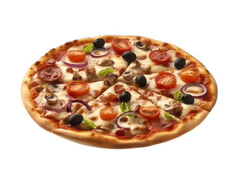 pizza with olives, mushrooms and tomatoes on a transparent background png