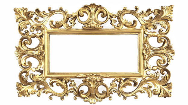 Vintage Golden Rectangle Frame on Transparent Background - Antique Gold Carved Gilded Victorian Luxury Modern Empty Image Fretwork Woodcut Engraving Metal Carved Ornate Museum Picture Photo png