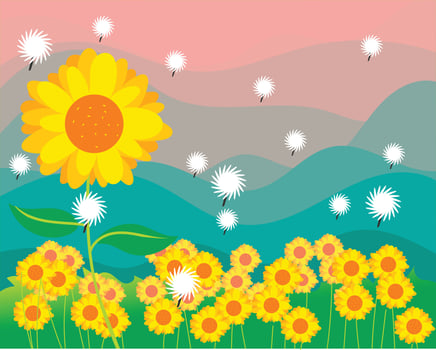 sunflower garden with dusk landscape background vector