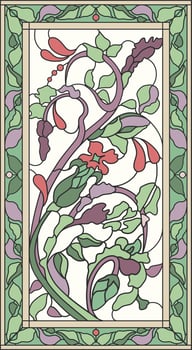 Stained-glass panel in a rectangular frame. Classic window, abstract floral arrangement of buds and leaves in the art Nouveau style vector