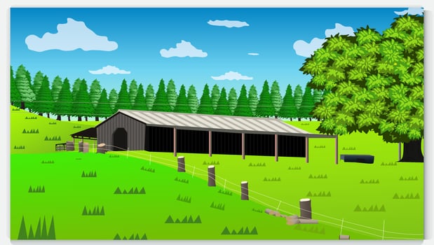 Landscape of green fields of farmland, barns and farms, rural houses. grassland with buildings, green grass, meadows and trees, blue sky in the background vector