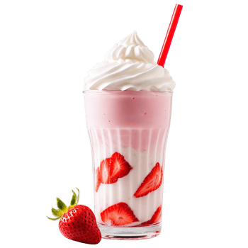 Strawberry milkshake in glass with whipped cream red and white swirls striped straw and fresh png