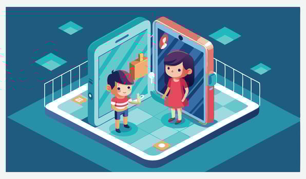 A Girl Emerging from a Cell Phone and a Boy Holding Illustrations Art. vector