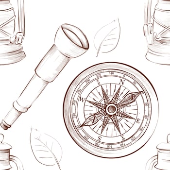 Sketch on the theme of camping, travel. Seamless background, freehand drawing. Compass, tourist kerosene lamp. To create a design for textiles, scrap, background. vector