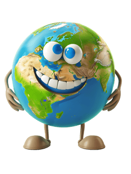 3D style cartoon character of a happy Earth isolated against a transparent background png