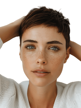 Caucasian female model with short hair, isolated against a transparent background png