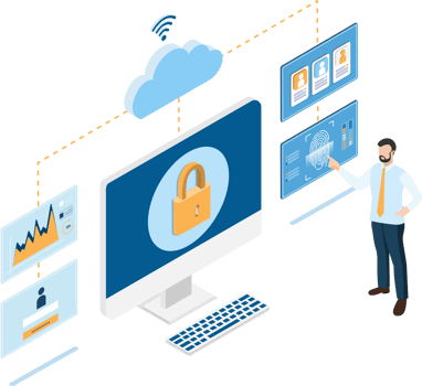 Business data protection and network security isometric design concept with people log in to the computer to Access information by using fingerprint. png