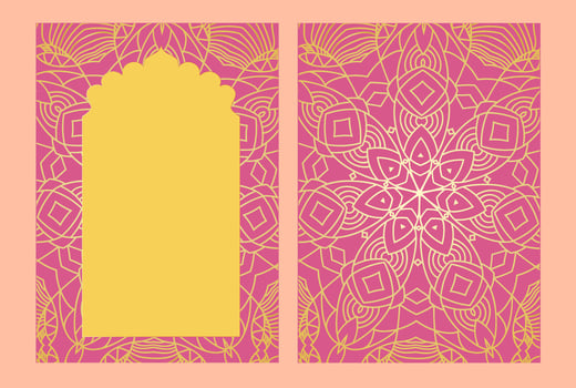 Indian yellow rose window in Mughal style, template with mandala style patterns oriental frame, space for text card, wedding invitation vector