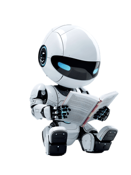 cute AI robot or chatbot reading a book, isolated png