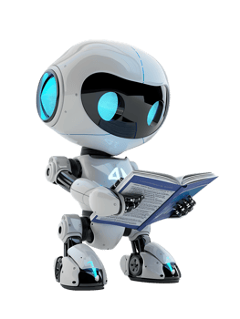 cute AI robot or chatbot reading a book, isolated png