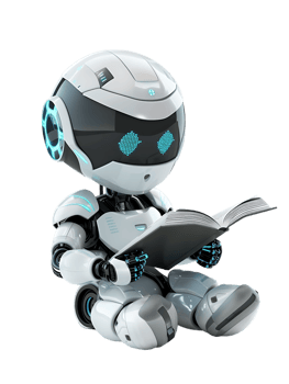 cute AI robot or chatbot reading a book, isolated png
