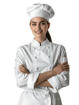 Confident smiling female chef with crossed arms, isolated against a transparent background png