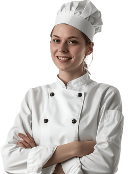 Confident smiling female chef with crossed arms, isolated against a transparent background png