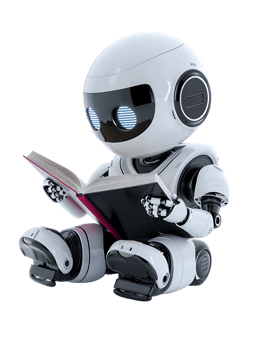 cute AI robot or chatbot reading a book, isolated png