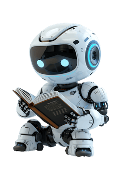 cute AI robot or chatbot reading a book, isolated png