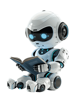cute AI robot or chatbot reading a book, isolated png
