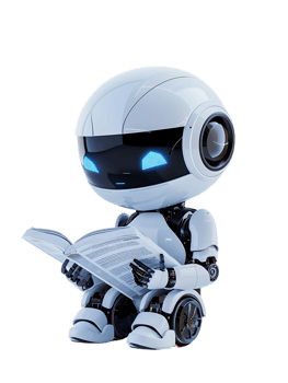 cute AI robot or chatbot reading a book, isolated png