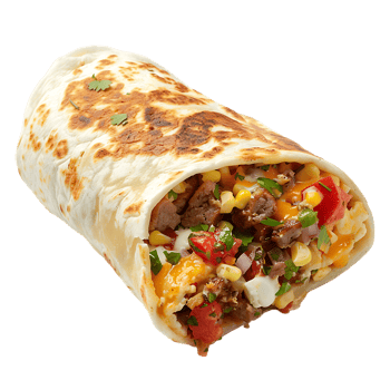 delicious Spanish breakfast burrito, all by itself against a transparent background png