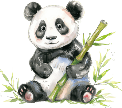 Watercolor illustration of a panda holding bamboo png