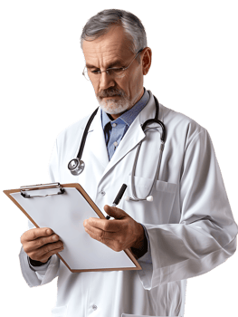 Doctor writing on a clipboard, isolated against a transparent background png
