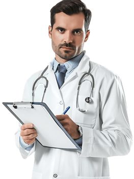 Doctor writing on a clipboard, isolated against a transparent background png