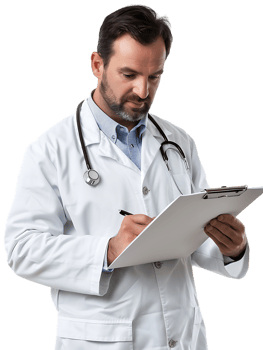 Doctor writing on a clipboard, isolated against a transparent background png