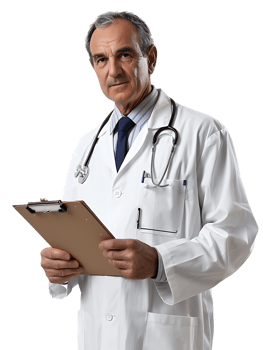 Doctor writing on a clipboard, isolated against a transparent background png