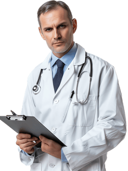 Doctor writing on a clipboard, isolated against a transparent background png