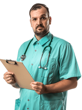Doctor writing on a clipboard, isolated against a transparent background png