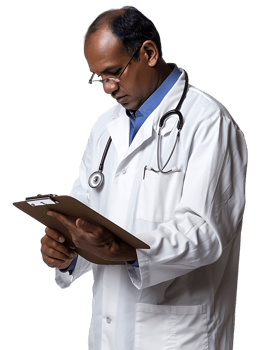 Doctor writing on a clipboard, isolated against a transparent background png