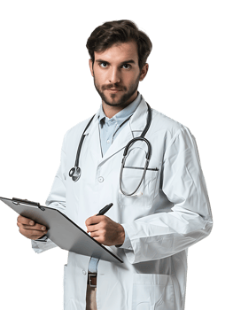 Doctor writing on a clipboard, isolated against a transparent background png
