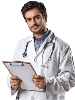 Doctor writing on a clipboard, isolated against a transparent background png
