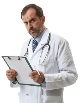Doctor writing on a clipboard, isolated against a transparent background png