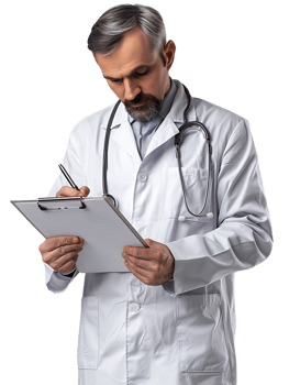 Doctor writing on a clipboard, isolated against a transparent background png