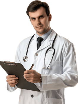 Doctor writing on a clipboard, isolated against a transparent background png