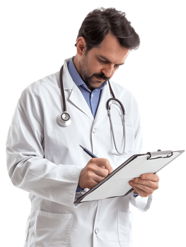 Doctor writing on a clipboard, isolated against a transparent background png