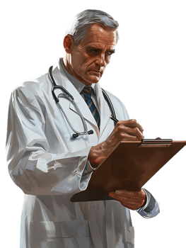 Doctor writing on a clipboard, isolated against a transparent background png