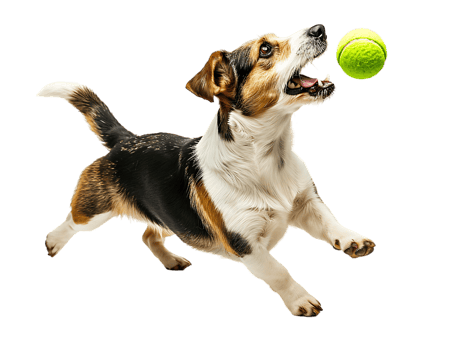 Dog playing with a tennis ball, isolated against a transparent background png