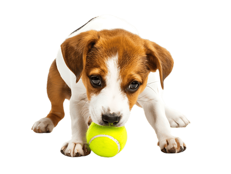 Dog playing with a tennis ball, isolated against a transparent background png