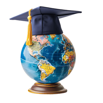 Earth globe with a graduation cap, isolated against a transparent background png