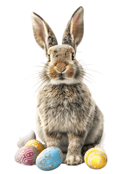 Easter bunny surrounded by Easter eggs, isolated against a transparent background png