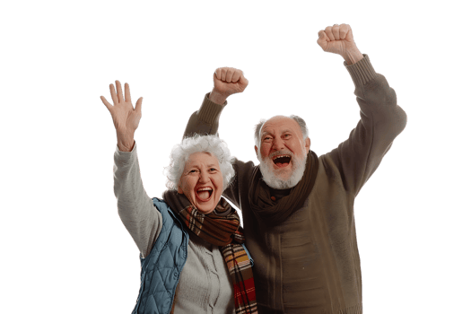 Elderly couple celebrating happily, photographed against a transparent background png