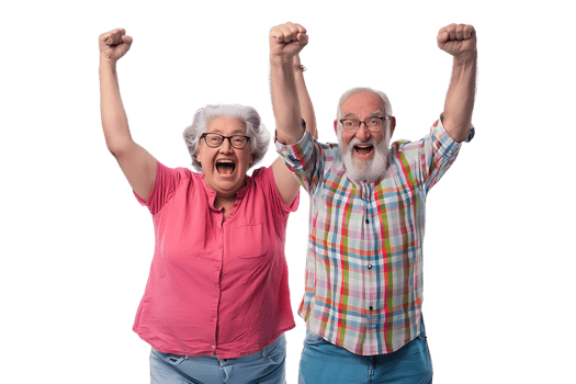 Elderly couple celebrating happily, photographed against a transparent background png